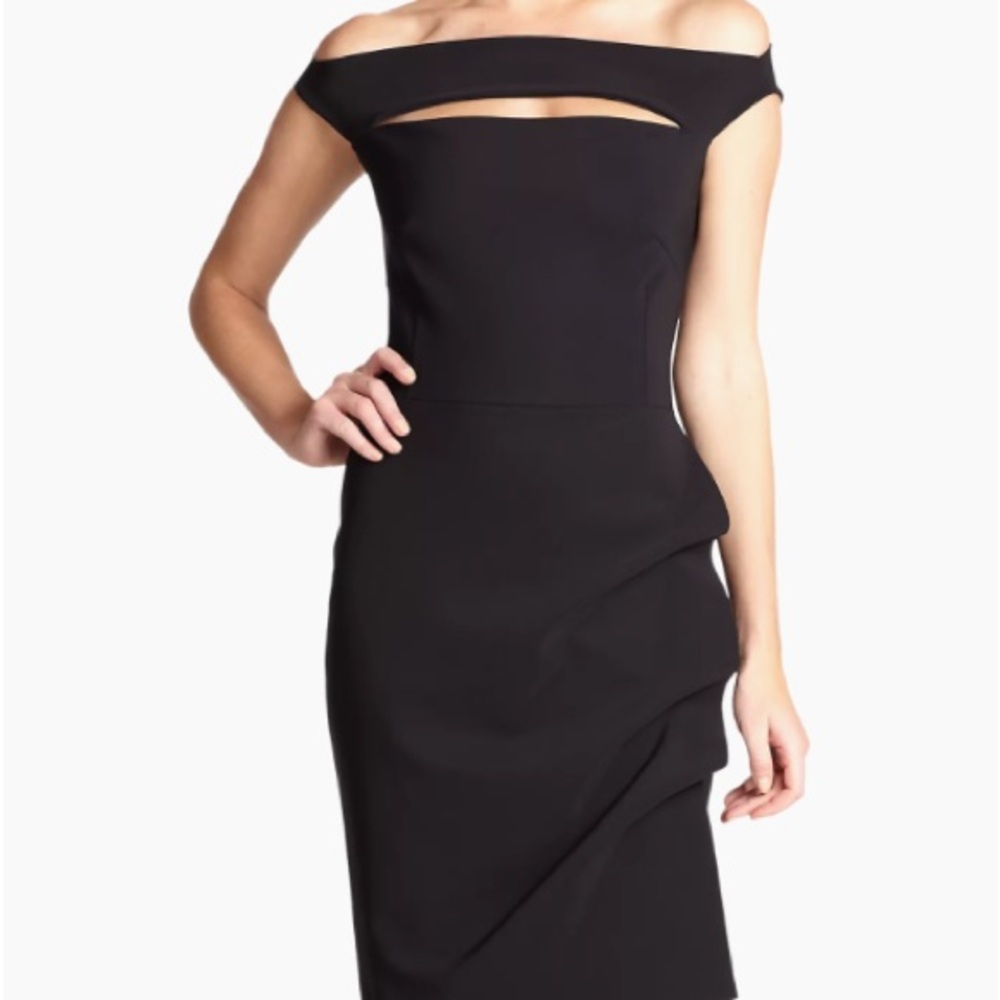 Chiara  Boni La Petite Robe  off the shoulder midnight bodycon midi dress